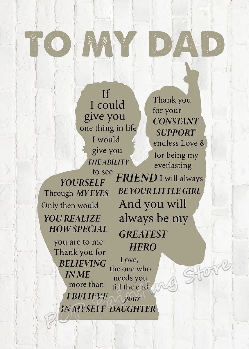 A gray silhouette of a girl hugging a boy with text dedicated to her dad.
