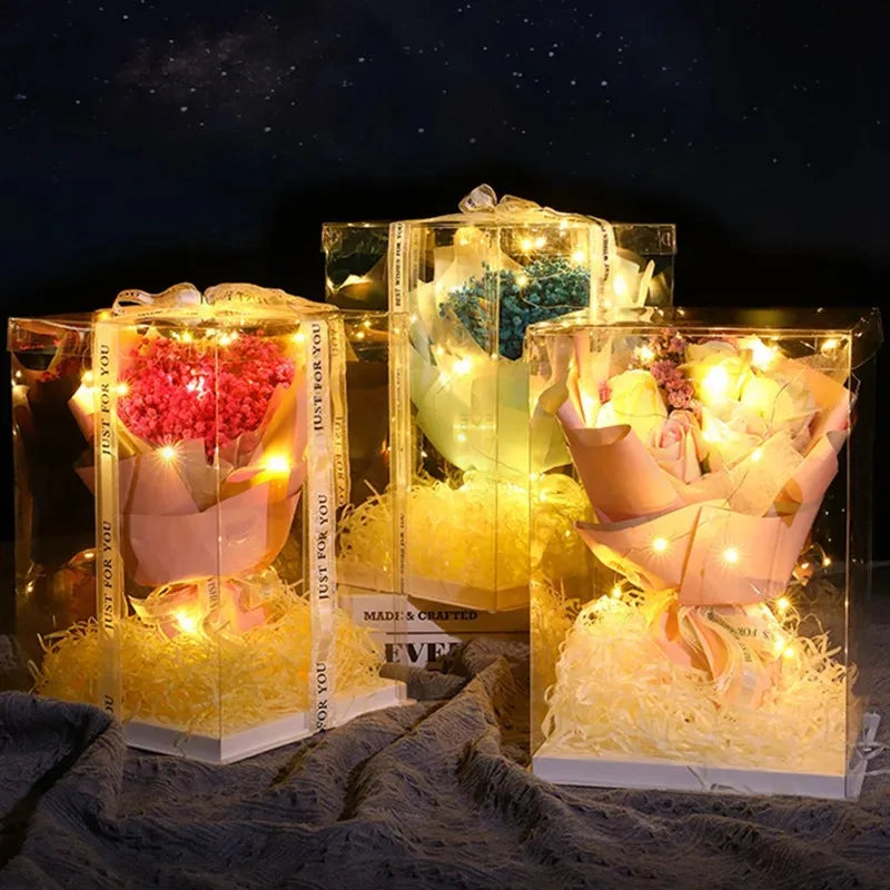 Glass jars filled with fairy lights and floral arrangements used as decorative lanterns
