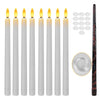 A set of white floating candles with yellow flames and a magic wand remote, including extra candles and a plate.