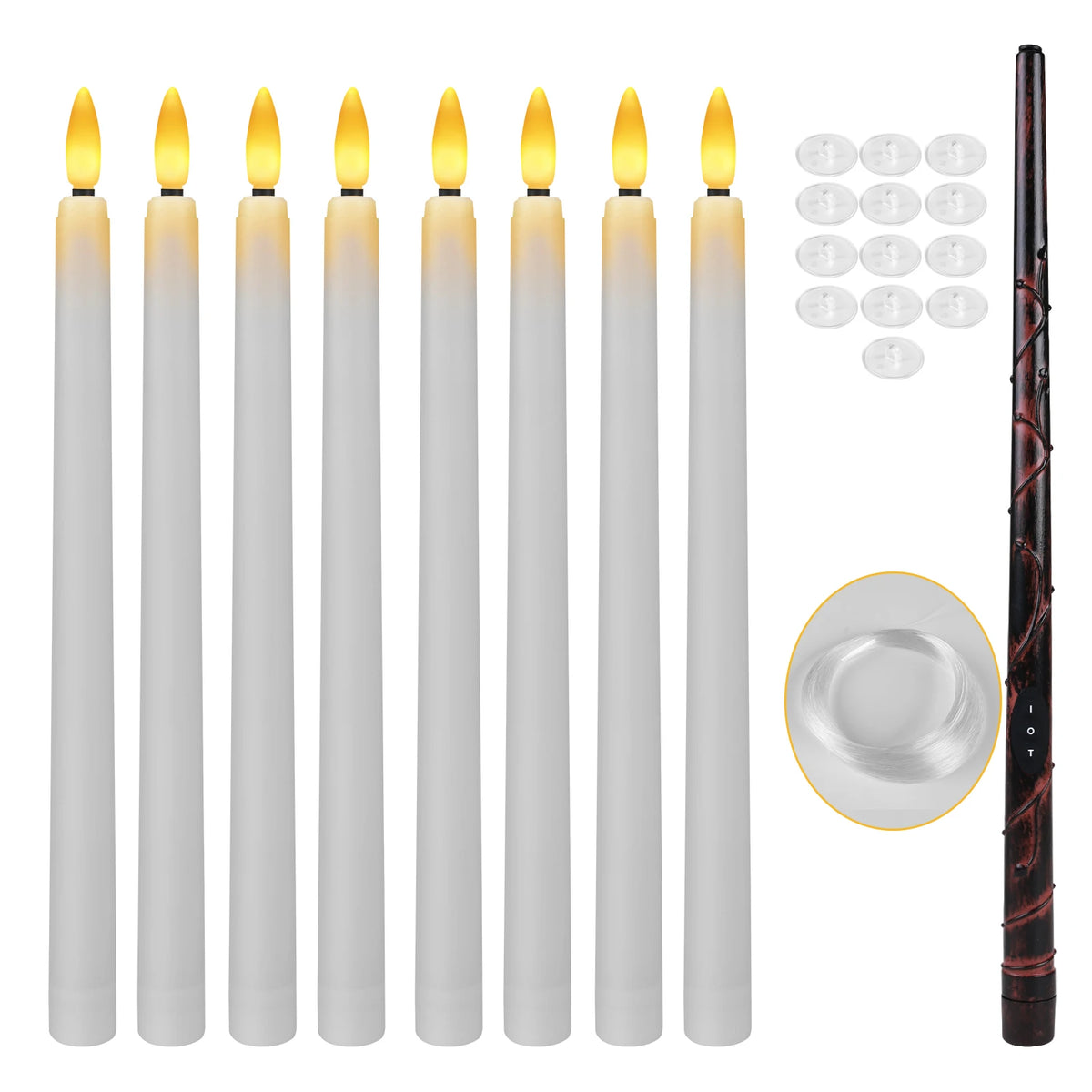 A set of white floating candles with yellow flames and a magic wand remote, including extra candles and a plate.