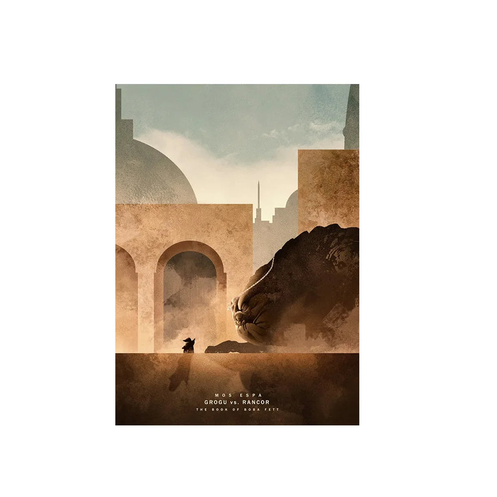 A sepia-toned canvas wall art depicting a lion's head emerging from a desert landscape framed by architectural structures.