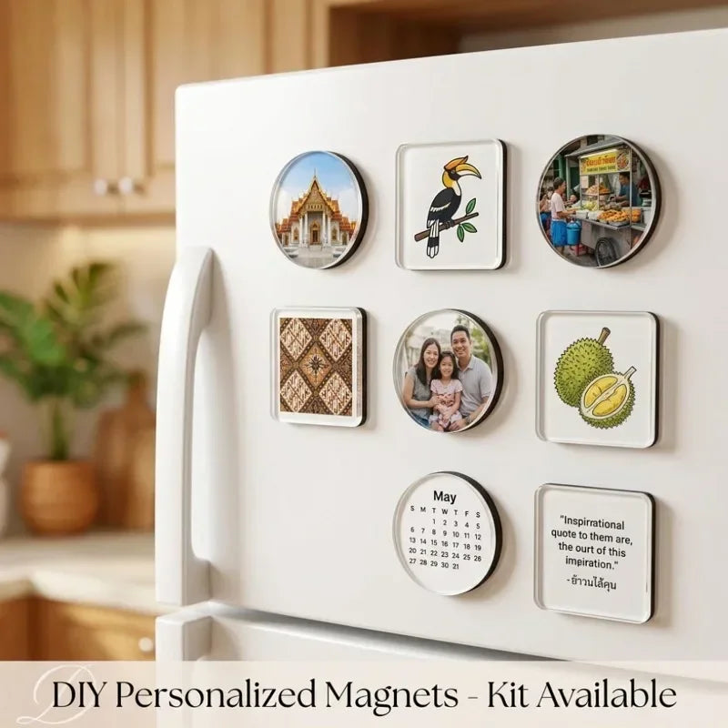 A set of clear acrylic fridge magnets featuring various decorative and inspirational designs.