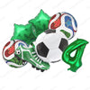 A set of six green and multicolored soccer-themed balloons, including a soccer ball and cleats.