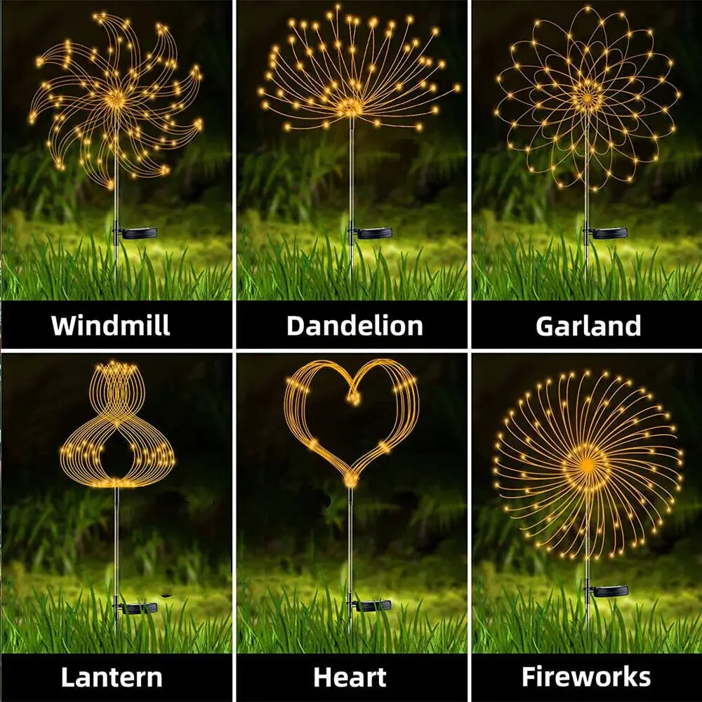 Six designs de lumières de feux d'artifice LED solaires pour décoration de jardin, incluant moulin à vent, pissenlit, guirlan