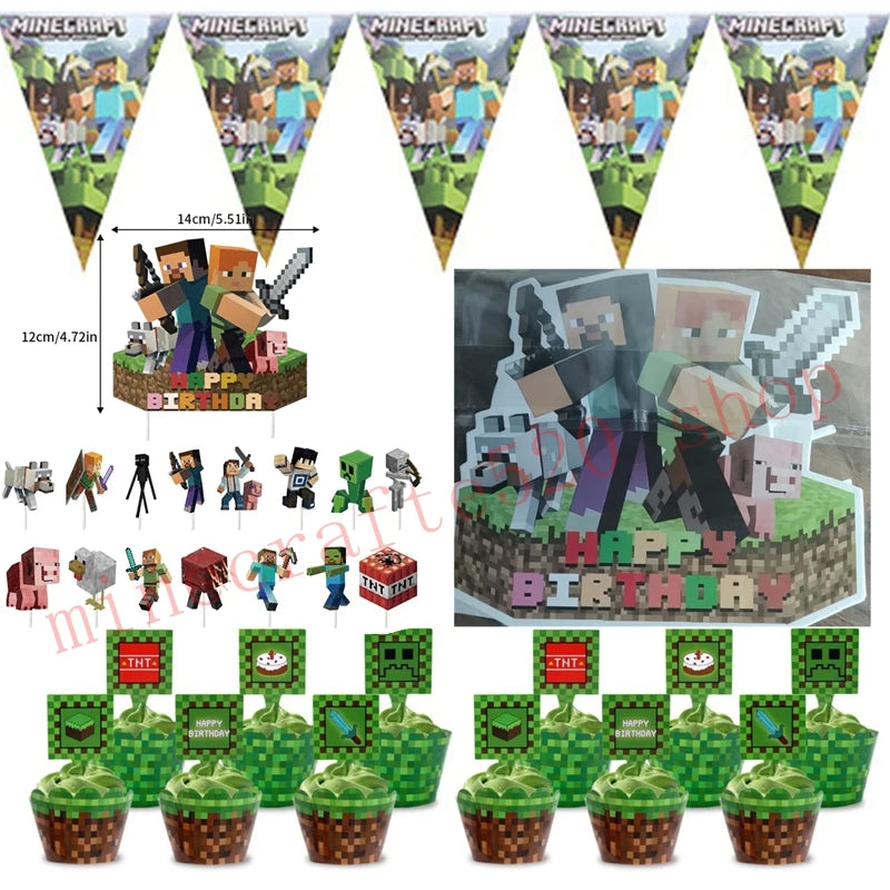 A set of Minecraft-themed party supplies including flag pulling cake toppers and tableware