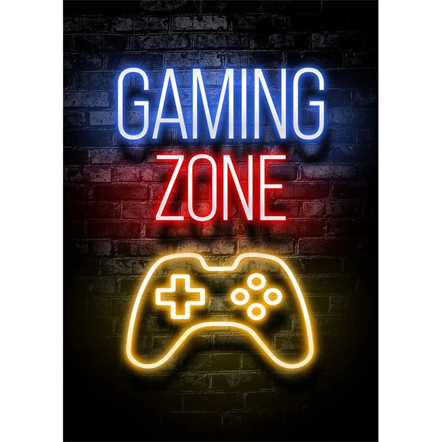 Texto brillante de neón en una pared de ladrillos que dice GAMING ZONE con un ícono de control}}`