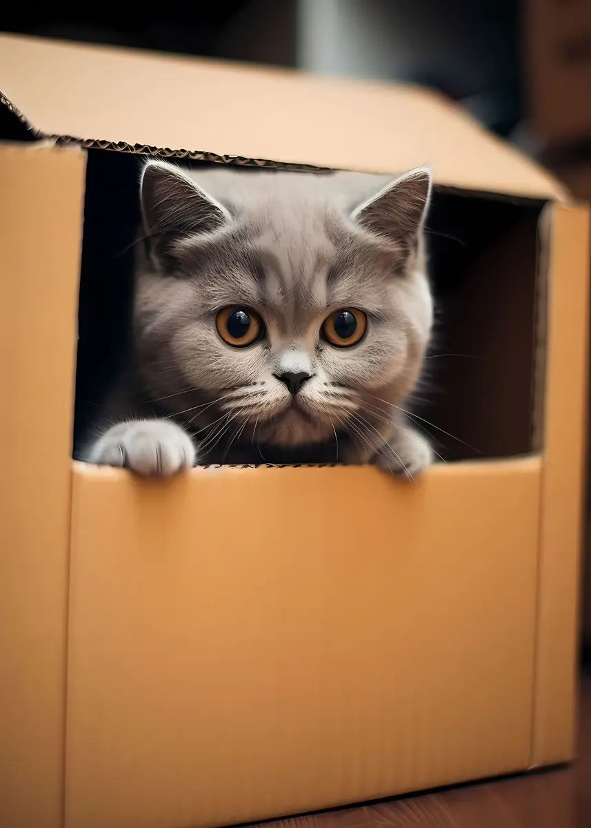 A fluffy gray kitten peeks out of a cardboard box.
