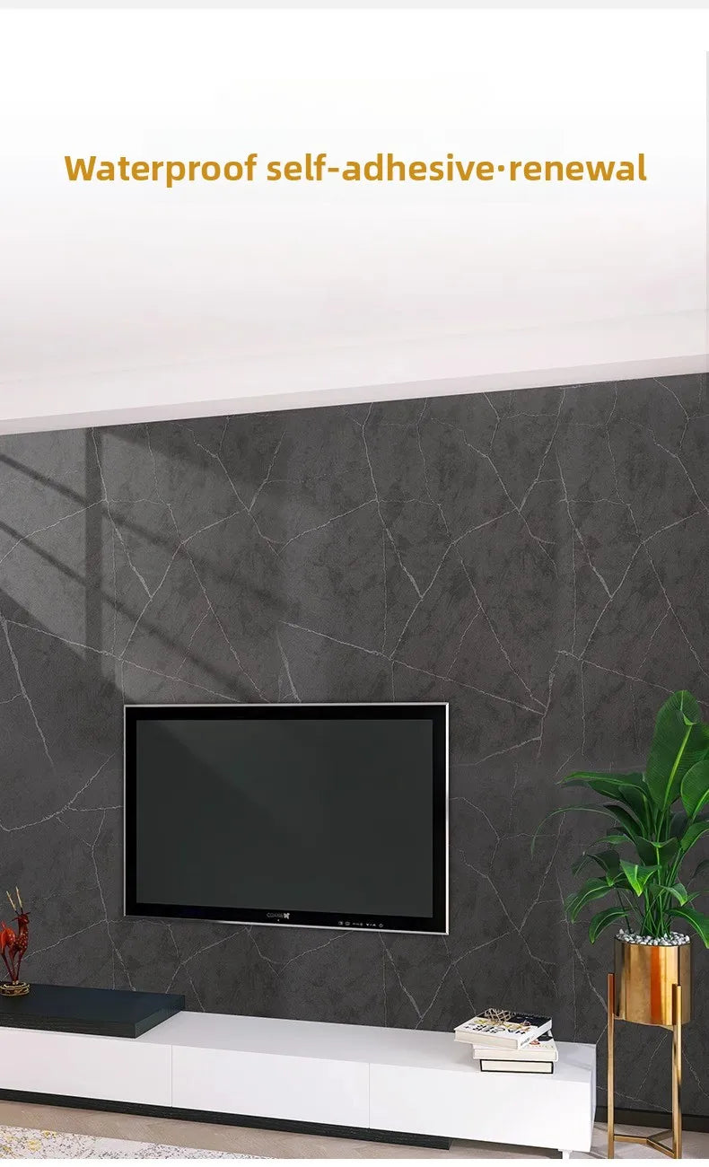 Matte marble self-adhesive waterproof wallpaper applied to a wall behind a television and furniture.