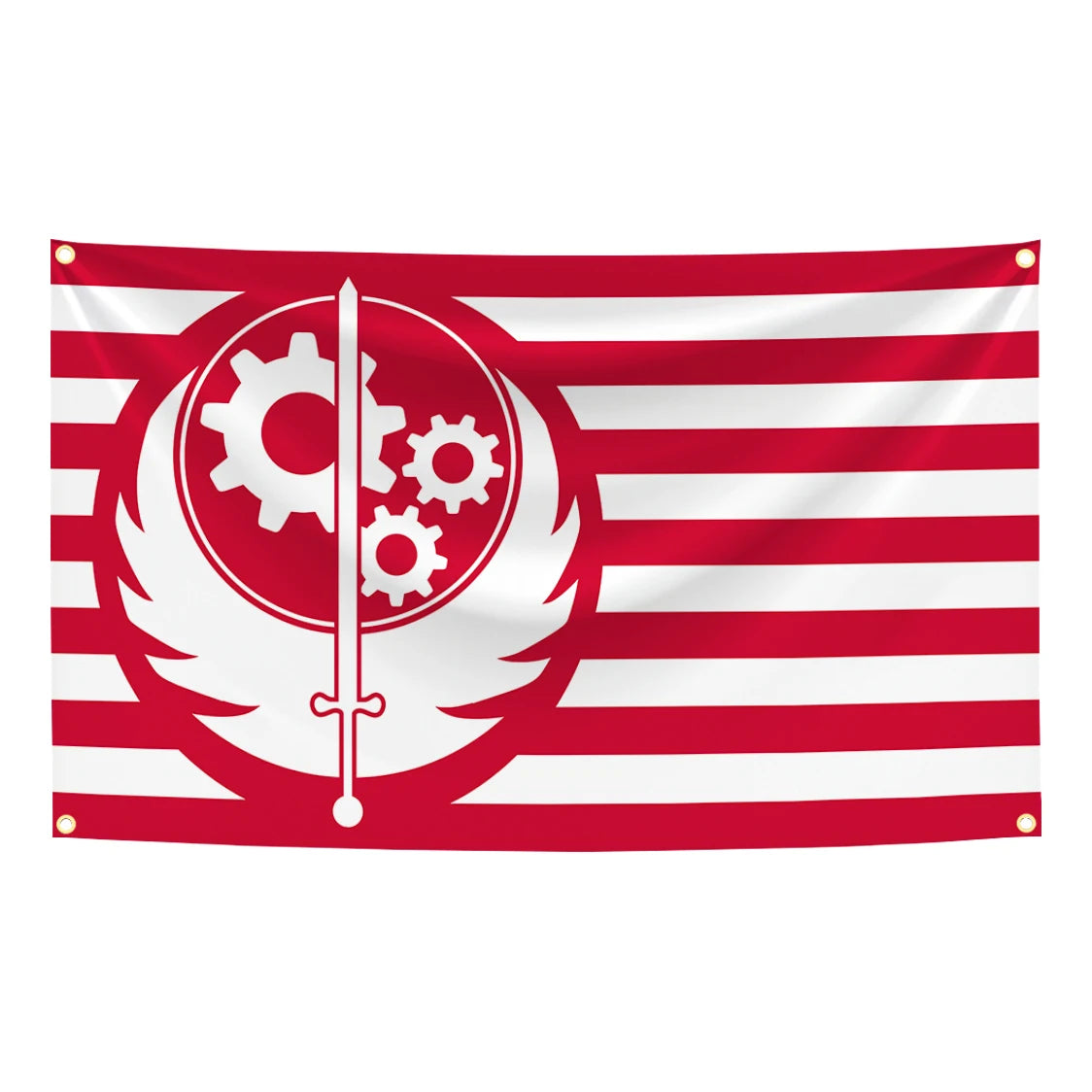Drapeau à rayures rouges, blanches et argentées avec un emblème central de sabres croisés et d'engrenages dans un design circ