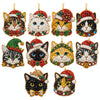 A set of Christmas diamond art ornaments featuring cats in Santa, snowman, and reindeer themes.