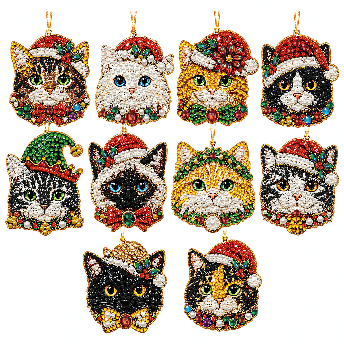 A set of Christmas diamond art ornaments featuring cats in Santa, snowman, and reindeer themes.