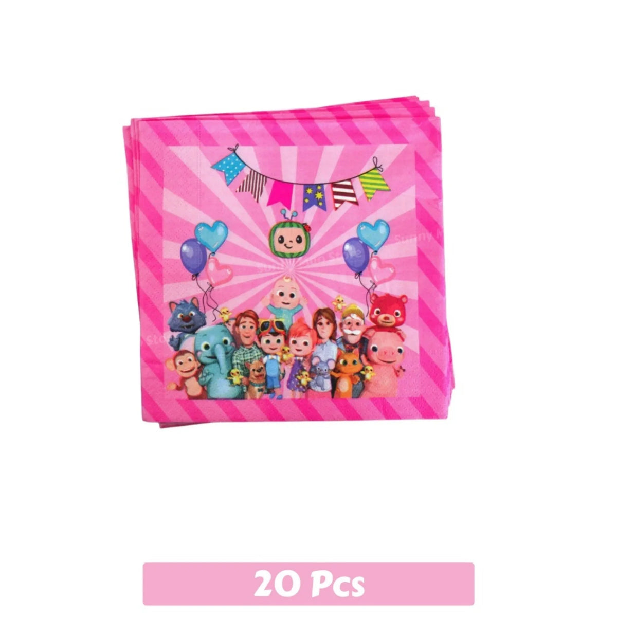 A pink fabric pouch containing 20 party supplies including balloons and characters for a Cocomelon themed event.