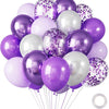 A bunch of purple and white chrome latex balloons are shown, tied together with strings.