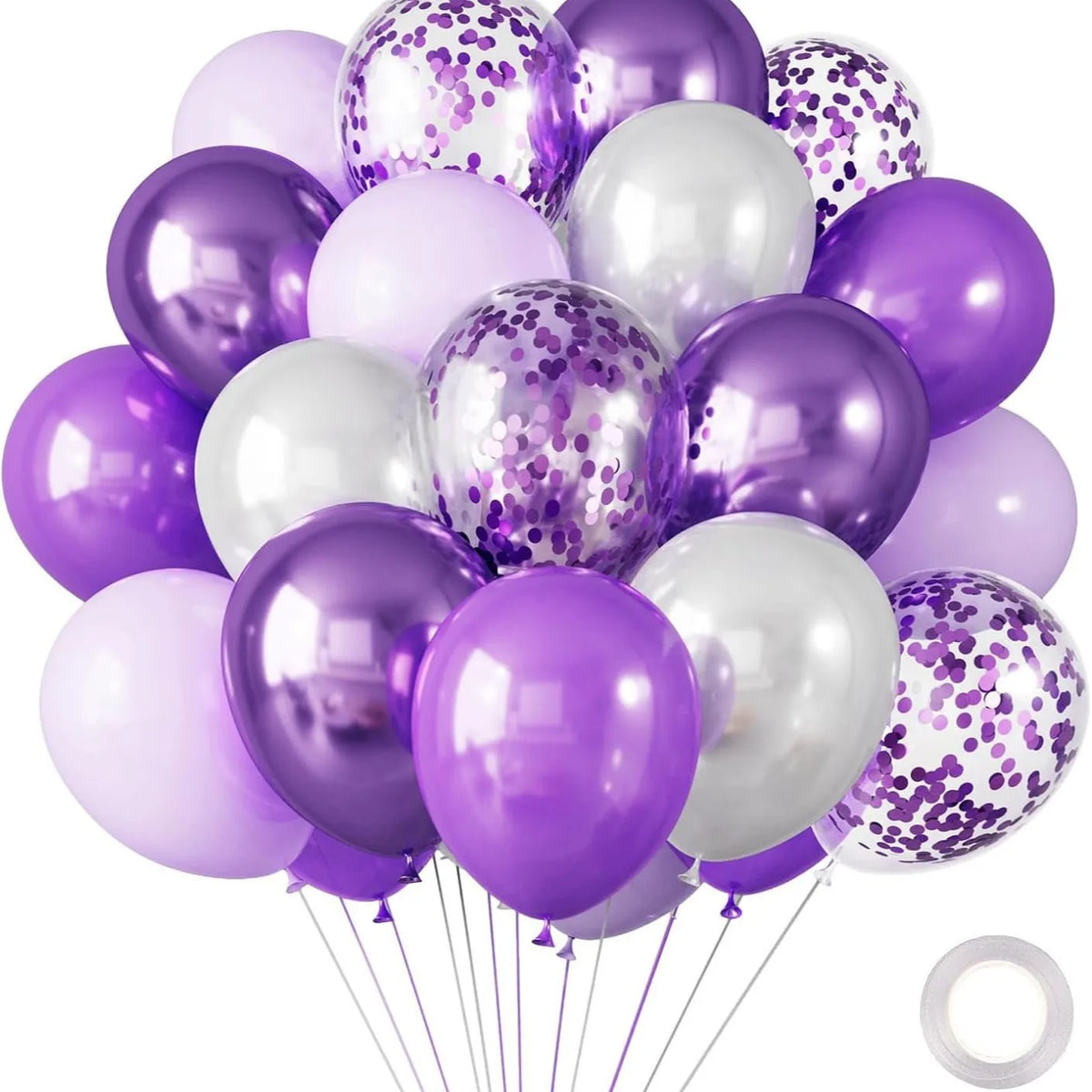 A bunch of purple and white chrome latex balloons are shown, tied together with strings.