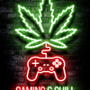 Neon green and red glowing graphics of a cannabis leaf and a video game controller on a brick wall.