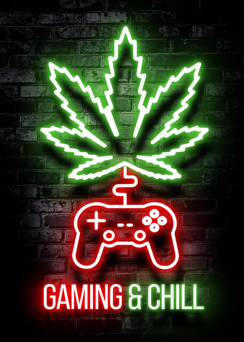 Neon green and red glowing graphics of a cannabis leaf and a video game controller on a brick wall.