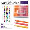A clear portable storage case filled with 48 colored acrylic markers and brush tips.