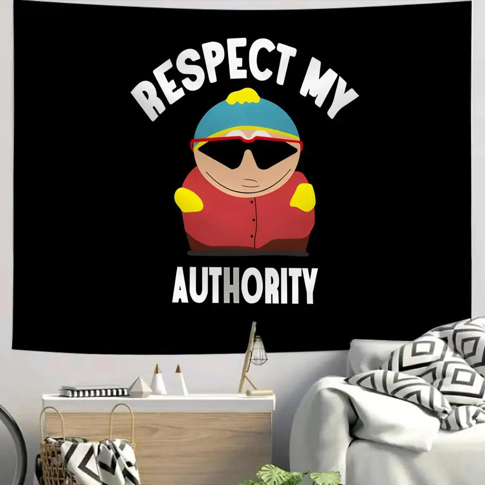 A black tapestry wall hanging featuring a cartoon character wearing a blue hat and sunglasses, with the text Respect My Autho