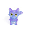 A purple 3D printed cat figurine with an articulated tail and bright yellow eyes.
