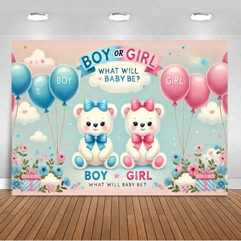 A pink and blue gender reveal backdrop featuring teddy bears, balloons, and floral elements for a boy or girl announcement.