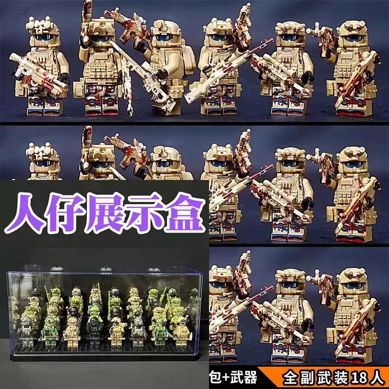 A collection of 18 miniature Veyron Special Forces building block figures in various poses and outfits.