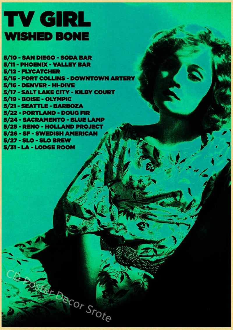A vintage poster listing various TV Girl shows and dates, featuring a stylized portrait of a woman in green tones.