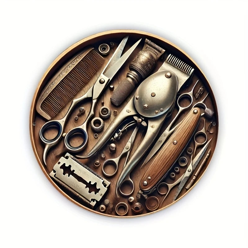A collection of vintage wooden barber tools including scissors combs and razors arranged on a round wooden sign.