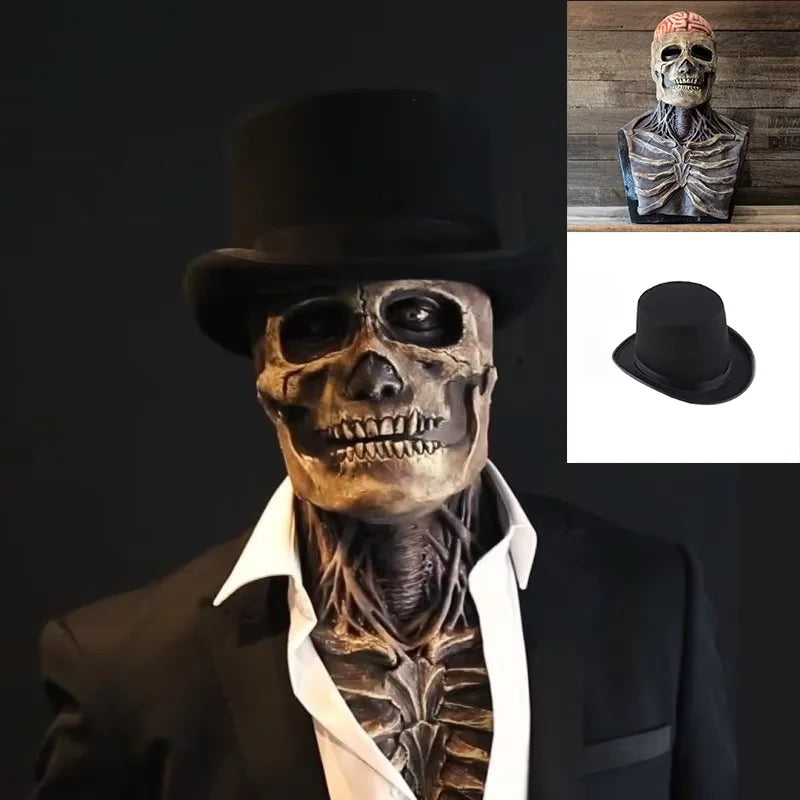 A realistic latex skull mask displayed on a mannequin head, shown alongside the detached mask and a black hat.