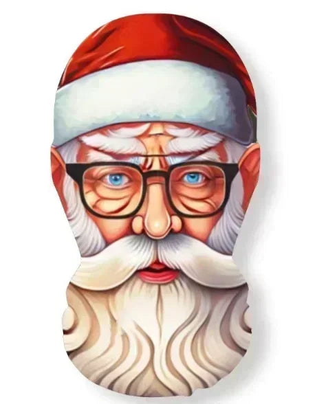 A portrait of an elderly man with a white beard wearing a red Santa hat.
