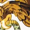 Close-up of a stylized golden and brown eagle design on a white background.