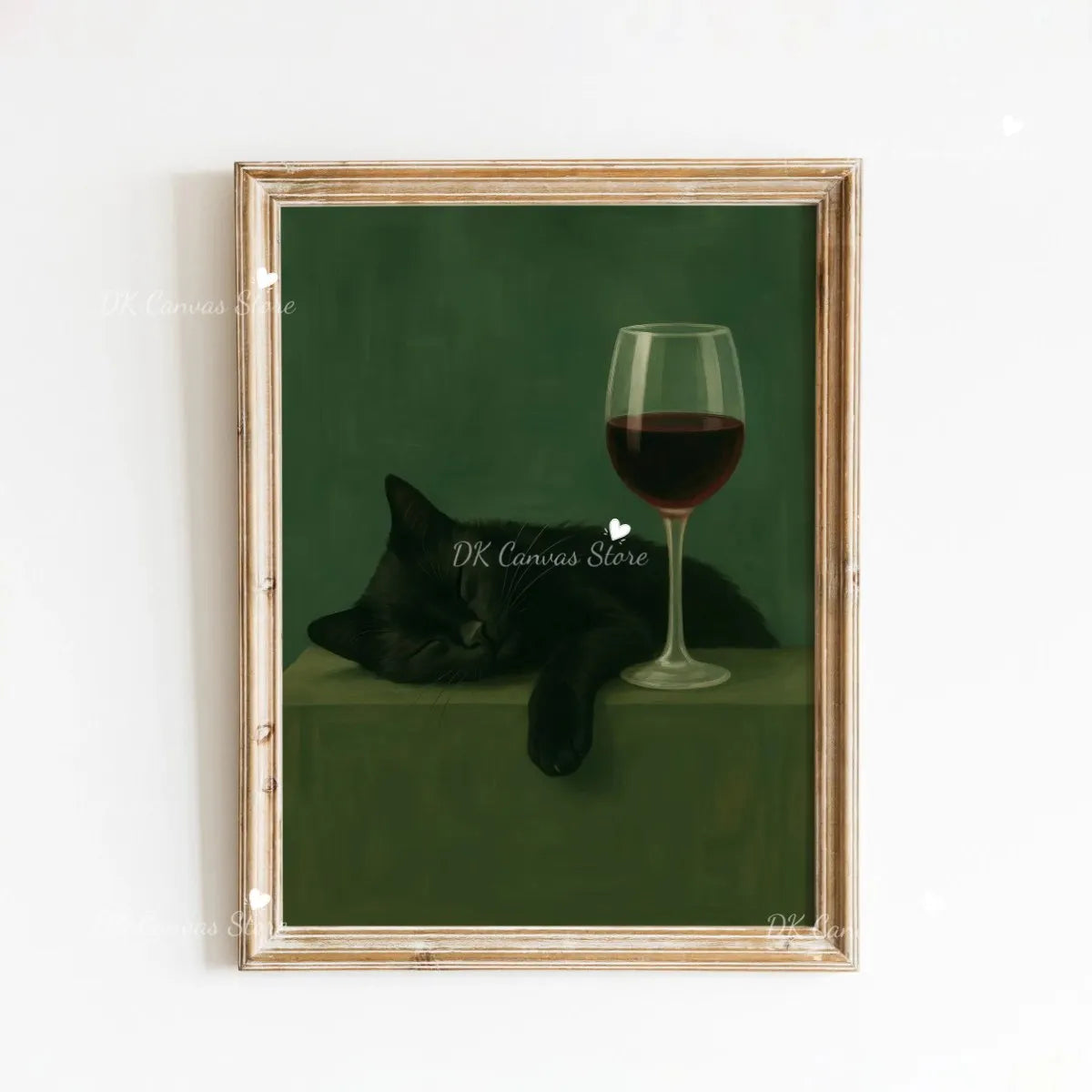 A framed canvas art print featuring a black cat sitting on a green surface with a glass of red wine.