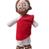 A plush doll representing a bearded man wearing a red tunic and brown boots.