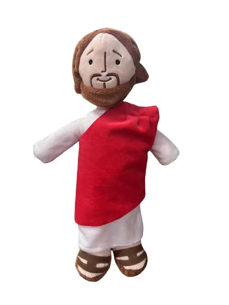 A plush doll representing a bearded man wearing a red tunic and brown boots.