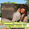 A woman with long brown hair wearing a white lace top is featured on a banner promoting Dandelion Ella Langley.