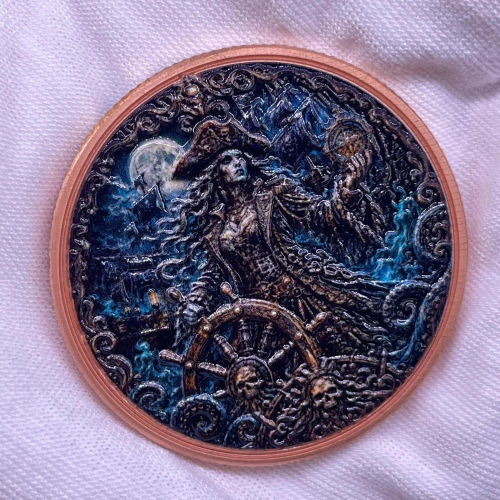 A round copper coin design featuring a dark figure with a crown, surrounded by sea elements and a crescent moon.