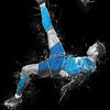 A dynamic image of Cristiano Ronaldo jumping to head a soccer ball against a black background.