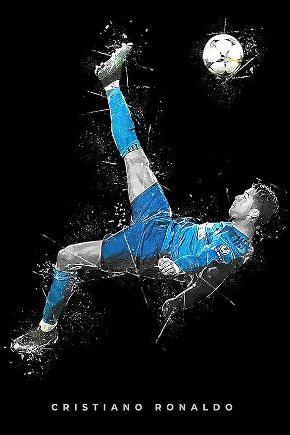 A dynamic image of Cristiano Ronaldo jumping to head a soccer ball against a black background.