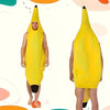 A child wearing a yellow banana costume, shown from the front and back.