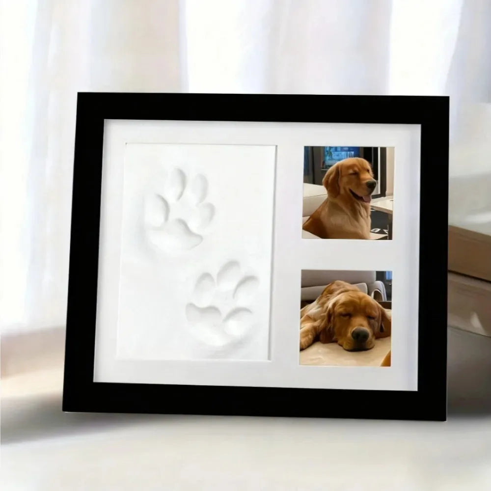 A black photo frame displaying white paw print molds and two photographs of a golden retriever dog.