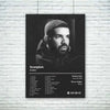 Black and white portrait of Drake for the Scorpion album art displayed on a white brick wall.