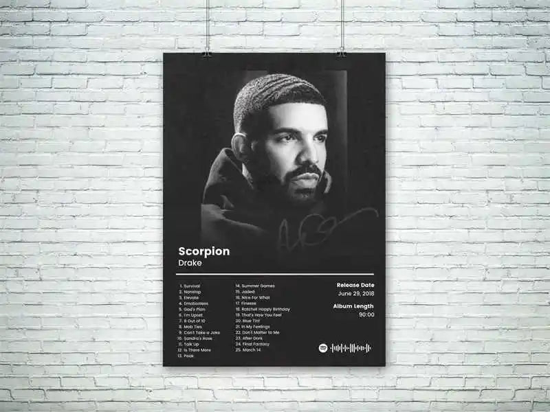 Black and white portrait of Drake for the Scorpion album art displayed on a white brick wall.