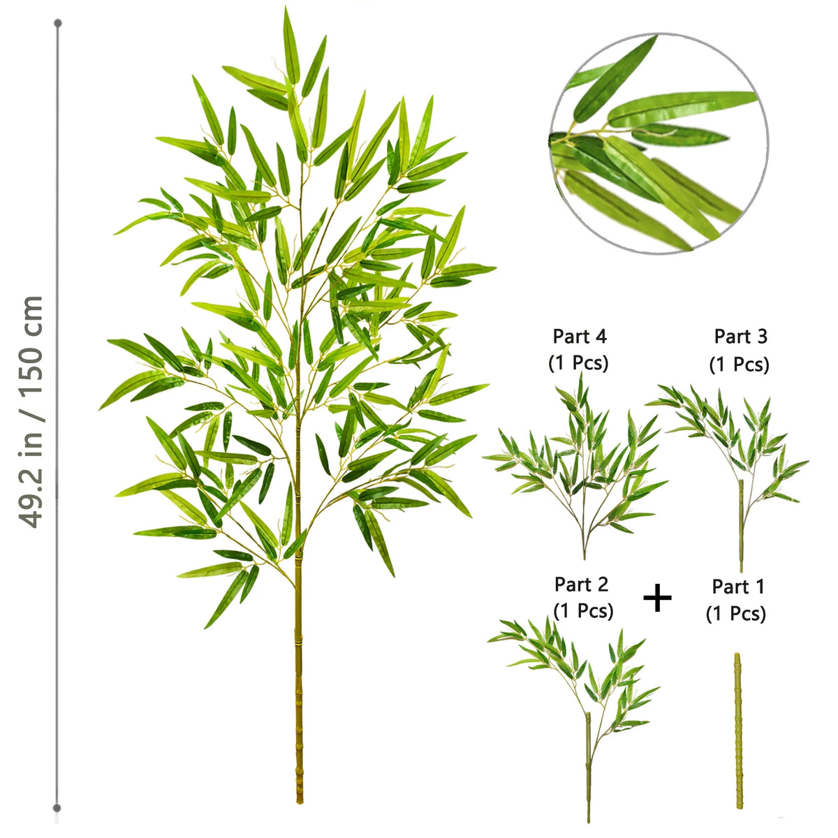 Illustration of an artificial bamboo branch with green leaves showing various parts and a magnified view.