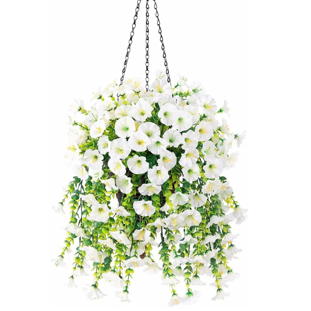 A hanging garland of white morning glory flowers and green eucalyptus leaves.