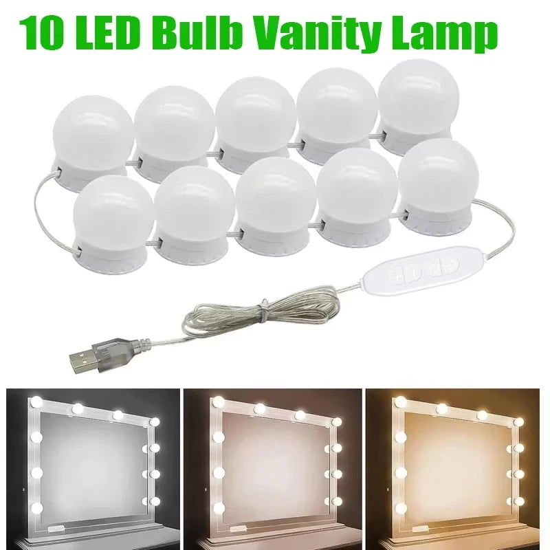 A set of 10 LED bulb vanity lamps with flexible wires for makeup mirrors.