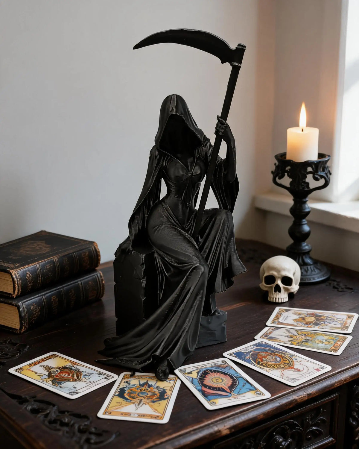 A black gothic female grim reaper figurine holding a scythe, displayed on a dark wooden surface with tarot cards.