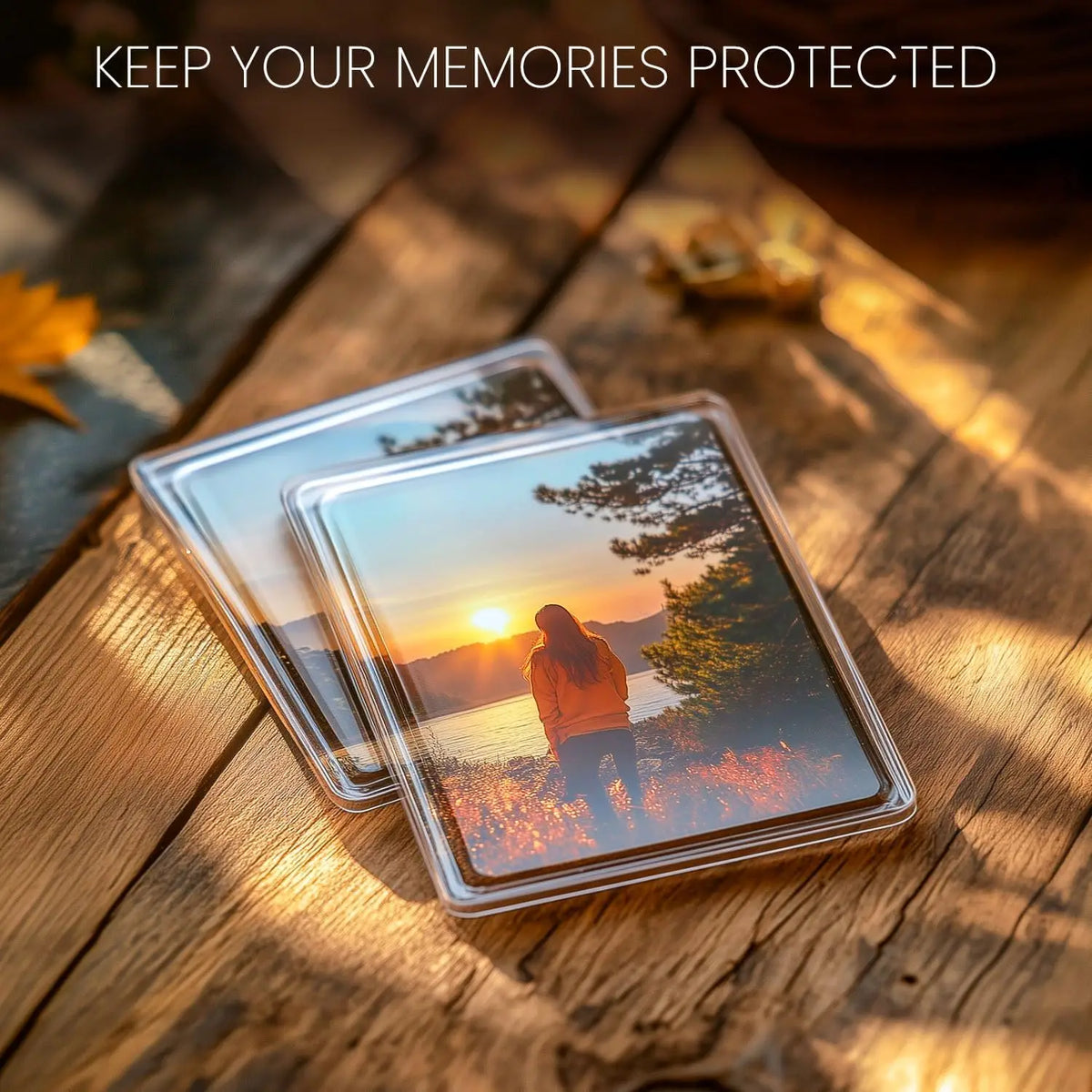 A clear magnetic mini photo frame displaying a sunset silhouette of a person standing by the water.