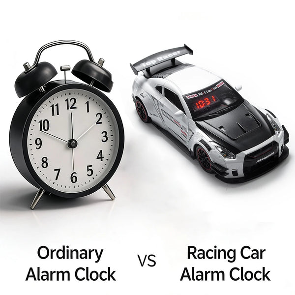 Comparison of an ordinary alarm clock and a racing car alarm clock.