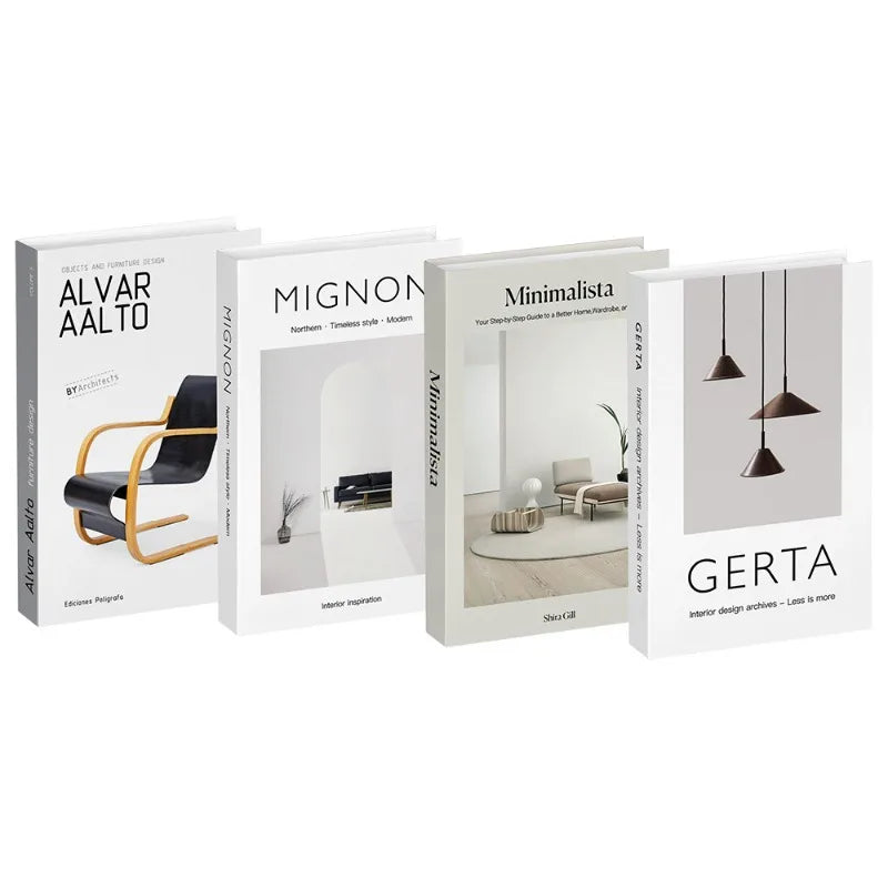 A set of three decorative faux books titled Alvar Alto, Mignon, and Gerta for interior design inspiration