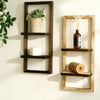 A rustic wooden floating shelf with two tiers displaying a potted plant and a candle.