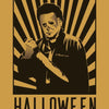 A black silhouette of Michael Myers with a knife against a yellow background featuring radiating black lines and the word HAL
